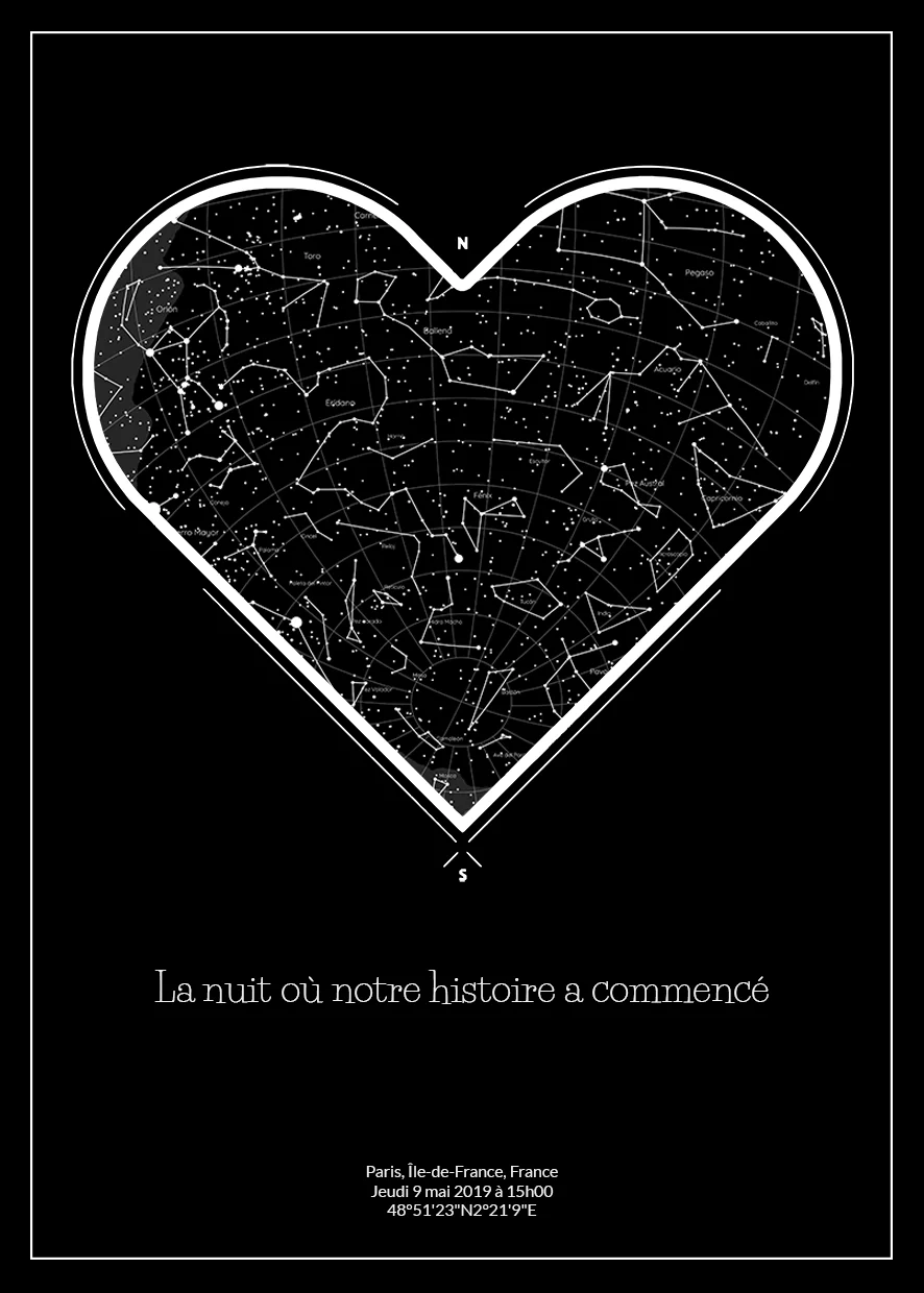 Modelo de mapa estelar Corazón: constelación dibujada en forma de corazón